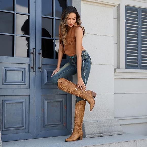 WETKISS Cowboy Boots Side Zipper Cowgirl Knee High Embroidered Knee High Size 10 - Picture 12 of 13